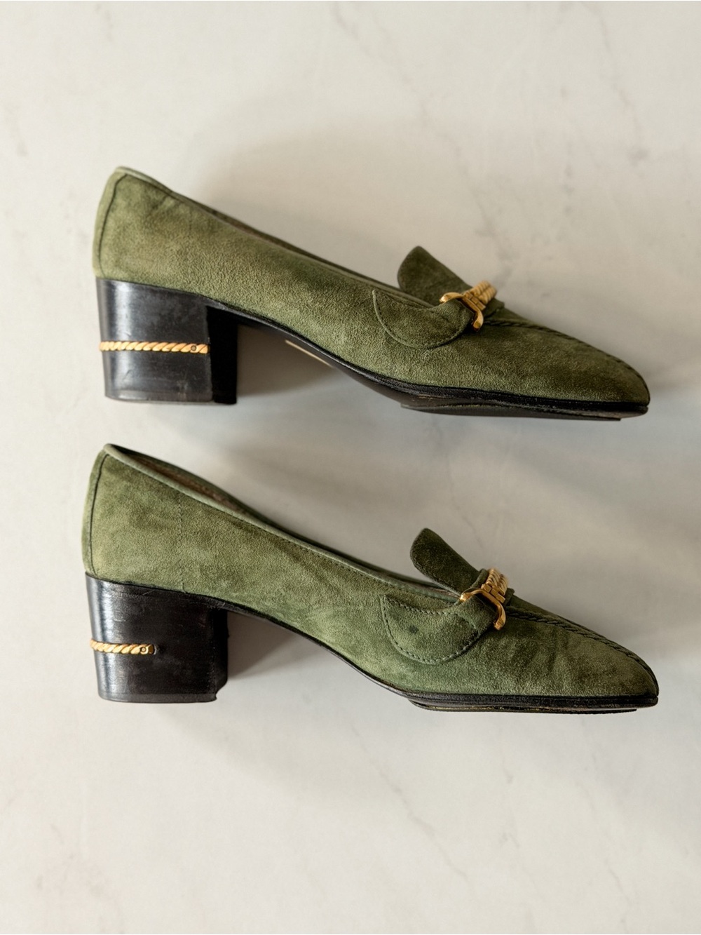 Vintage Gucci Green Suede Horsebit Block Heel Loafers - Picture 10 of 12